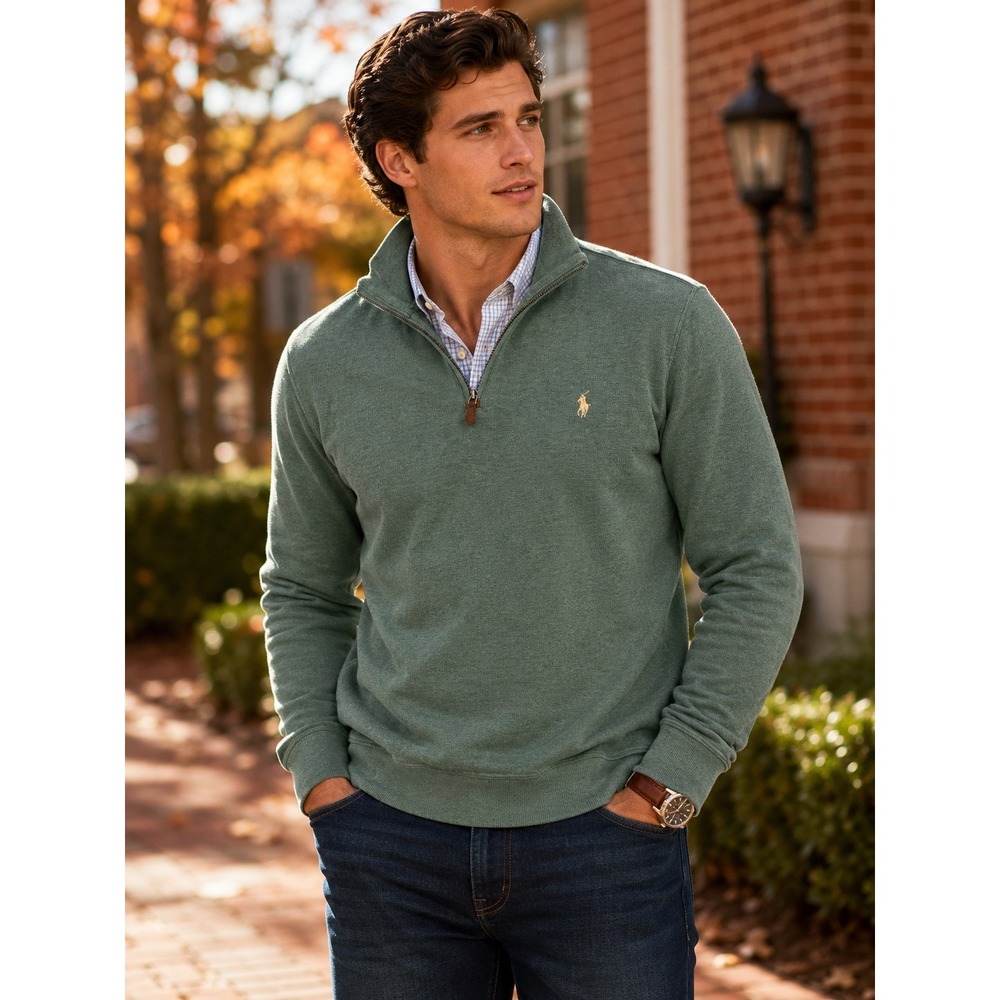 Polo Ralph Lauren Quarter Zip Pullover Cotton Pony Preppy Green Men's Sz L